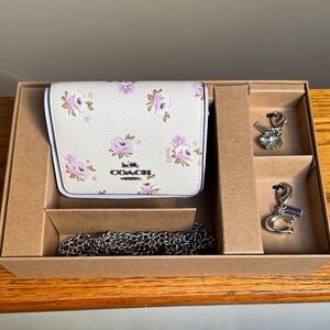 Coach White Wallet  with Pink Floral Pattern and Silver Chain brand New gift set